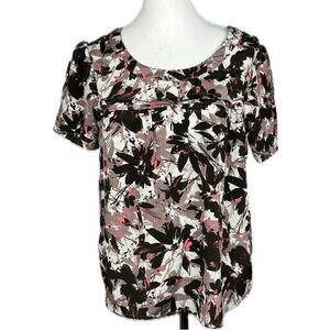 Japna Brown Pink Multi Colored Abstract Floral Short Sleeved Blouse Top Sz M